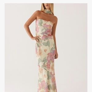 Gucurin Strapless Floral Maxi Dress in Cream and Pink